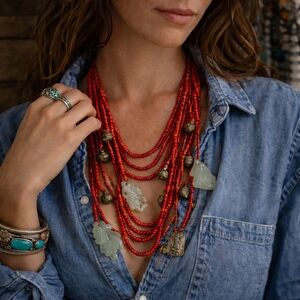 Vintage Chinese Jade Charm Multi Strand Red Trade Bead Necklace Tibetan Style